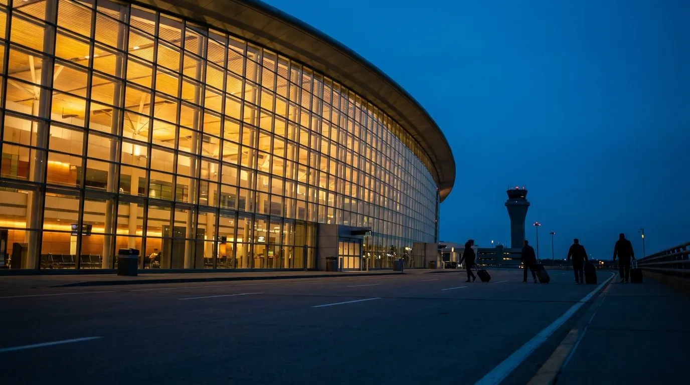 Milwaukee Mitchell International Airport terminal at dusk