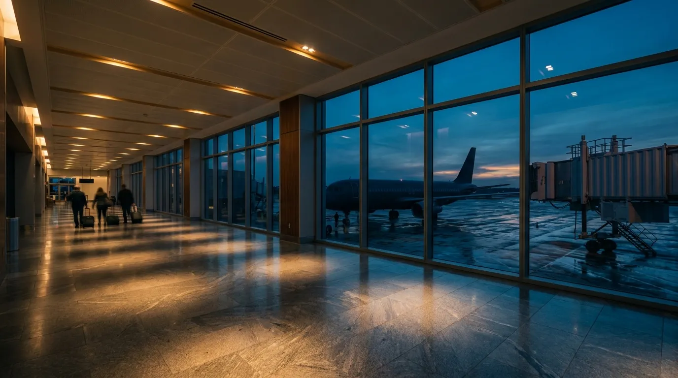 Airport terminal concourse at dusk, an airliner and jet bridge beyond the windows