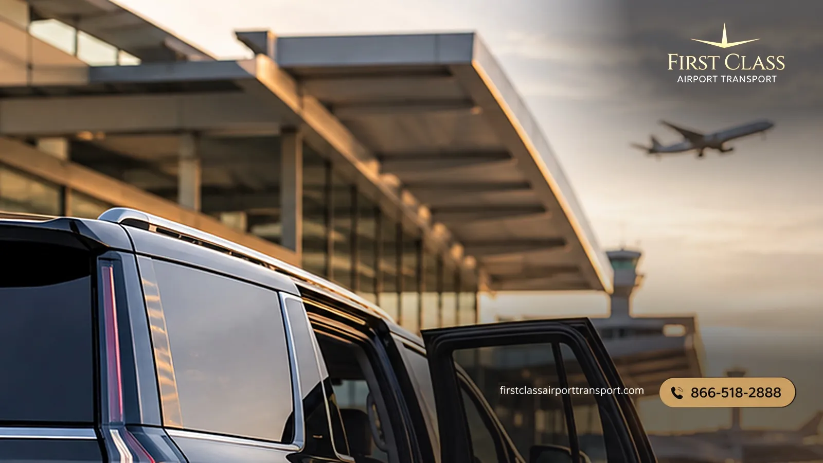 Black luxury SUV waiting at an airport terminal, illustrating flat rate airport car service pricing from First Class Airport Transport