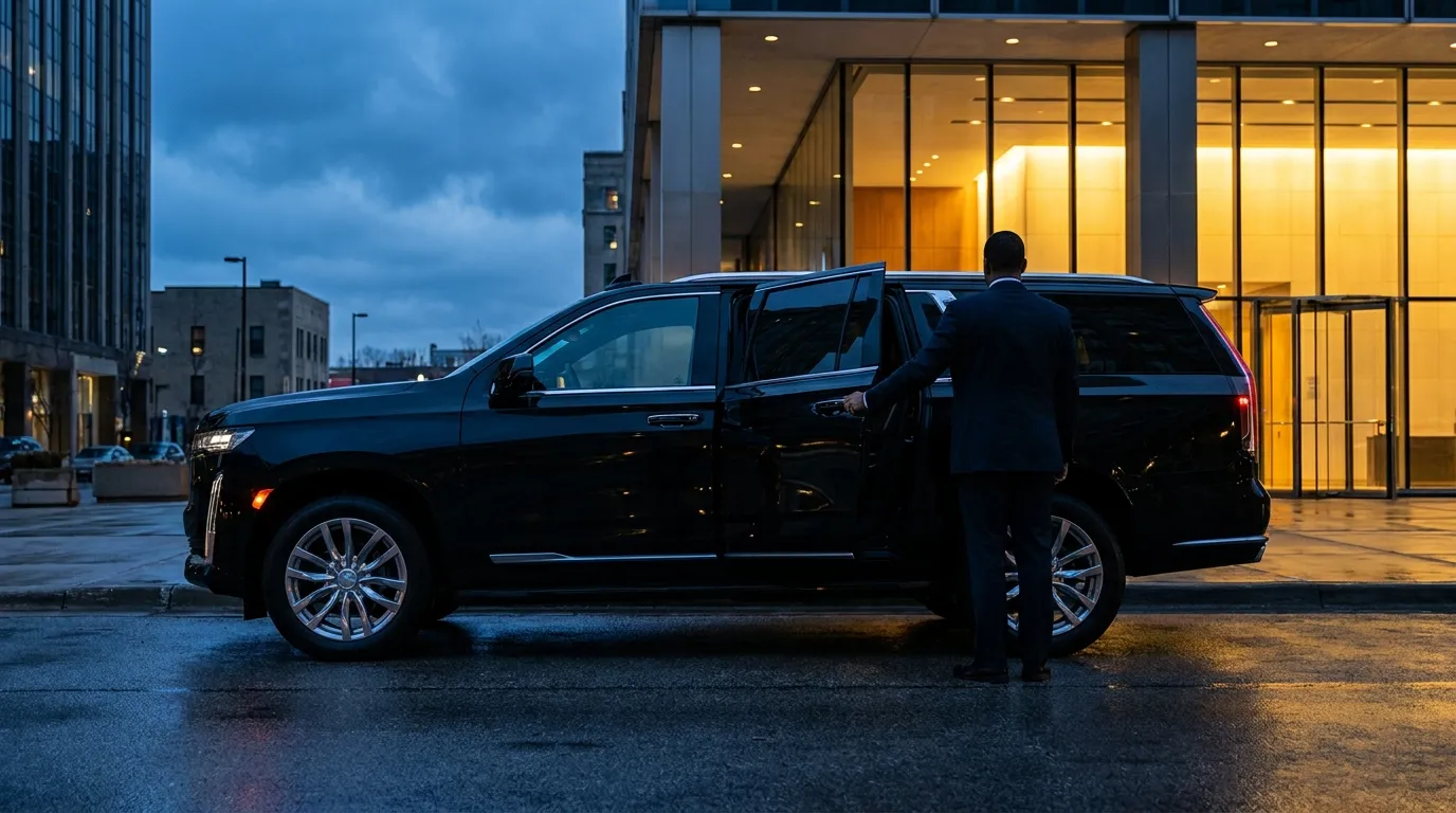 Chauffeur holding open the rear door of a black luxury SUV outside a corporate office building at dusk