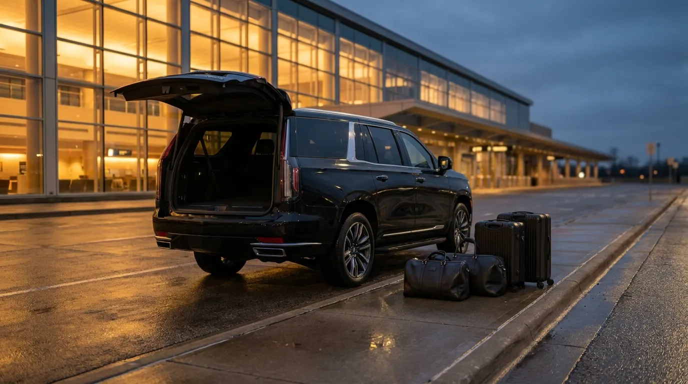 Luxury SUV at an airport terminal curb at dusk with luggage being loaded
