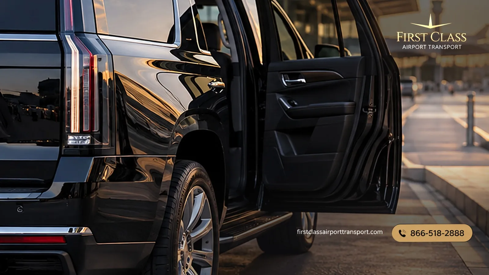 Pre-booked black luxury SUV at the airport pickup curb, a flat-rate alternative to rideshare surge pricing at MKE