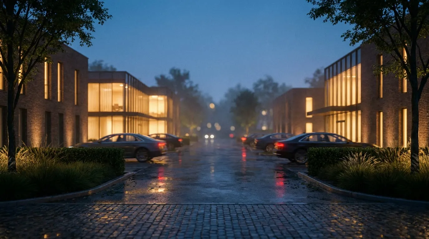 Brookfield business corridor at dusk, office windows lit above a wet approach road