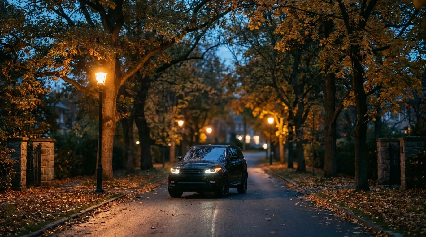 Leafy Elm Grove lane at dusk, stone gateposts and a black SUV under autumn trees