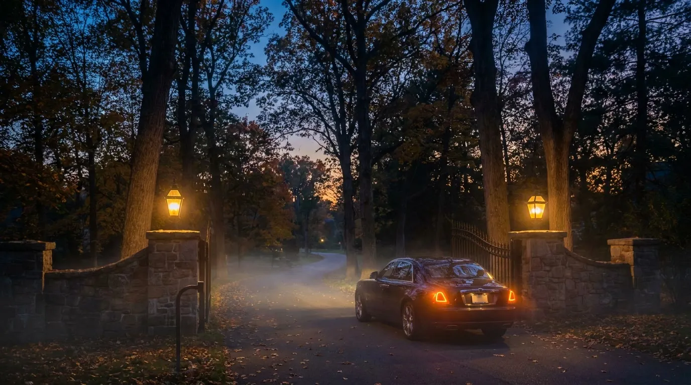 Wooded Mequon road at dusk, lantern-lit stone entrance to a private drive