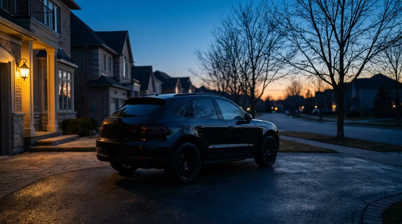 Black luxury SUV waiting in a New Berlin driveway before dawn, porch light on