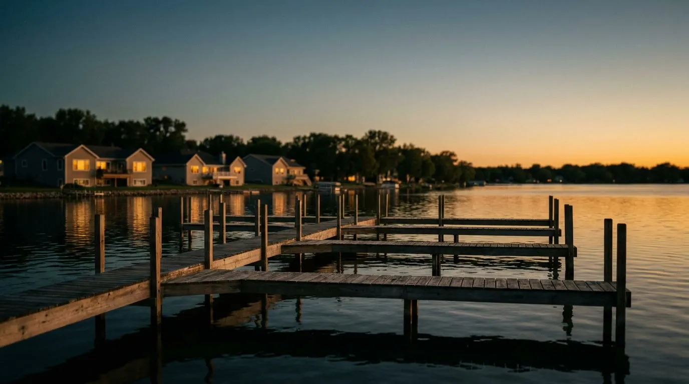 Pewaukee lakefront at sunset, wooden piers and lakeside homes across calm water