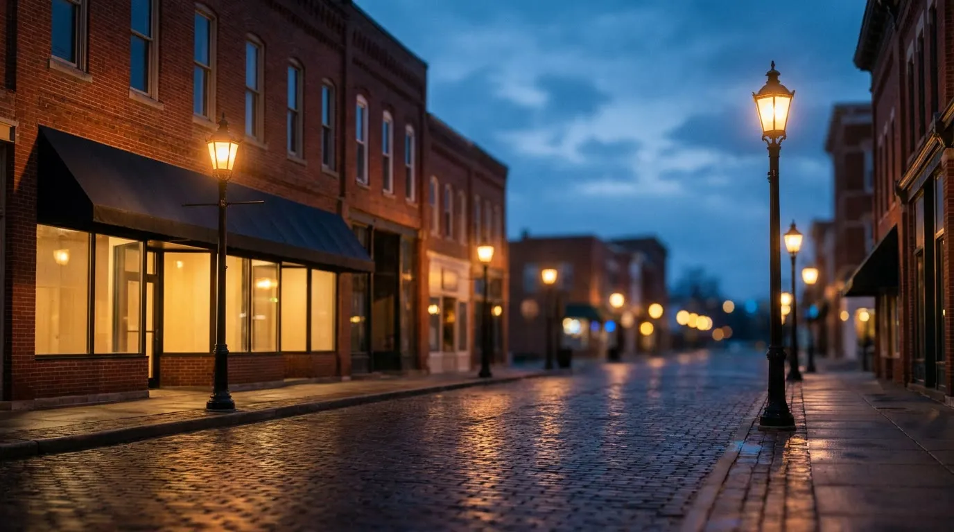 Historic downtown Waukesha at blue hour, brick storefronts and cast-iron street lamps