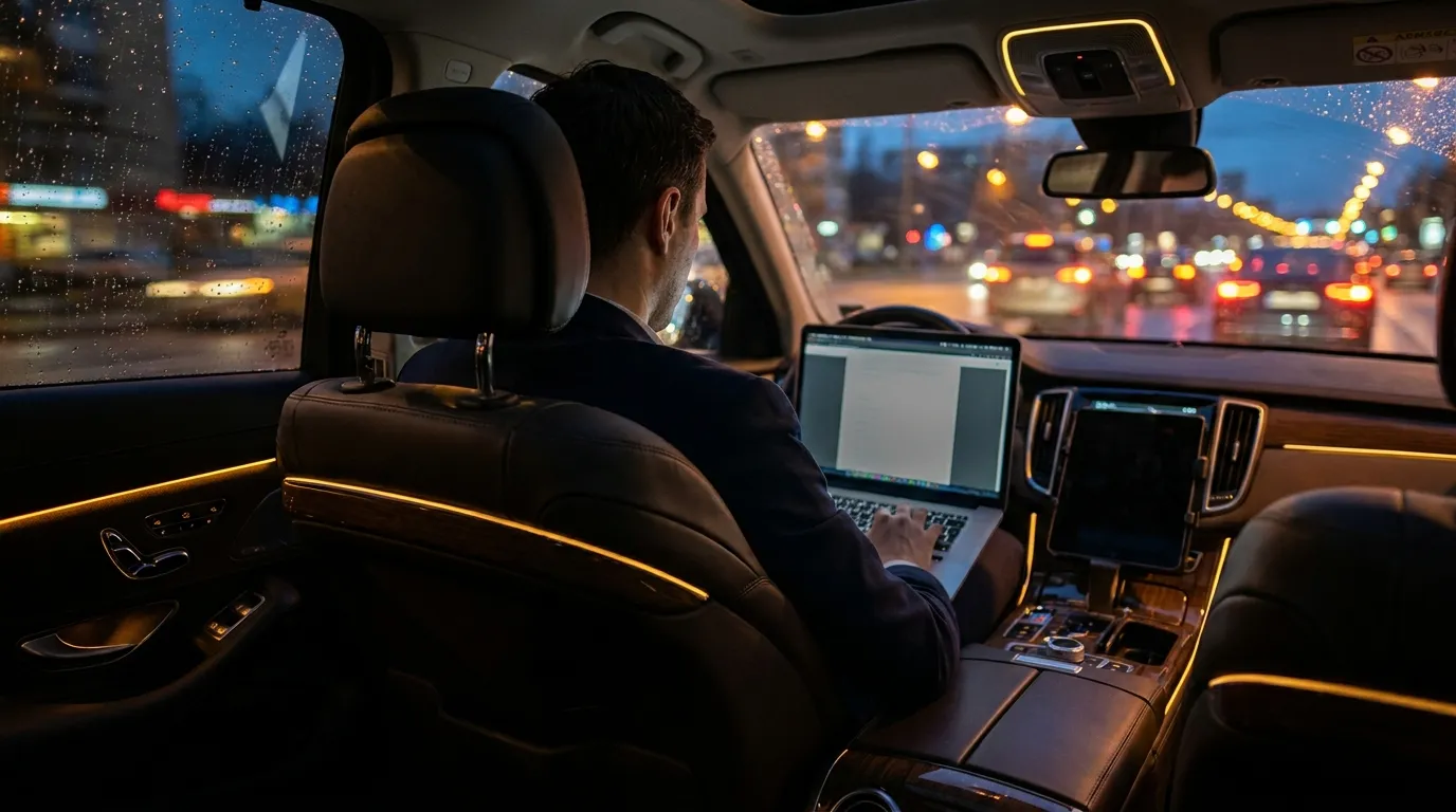 Executive seated in the rear cabin of a chauffeured SUV