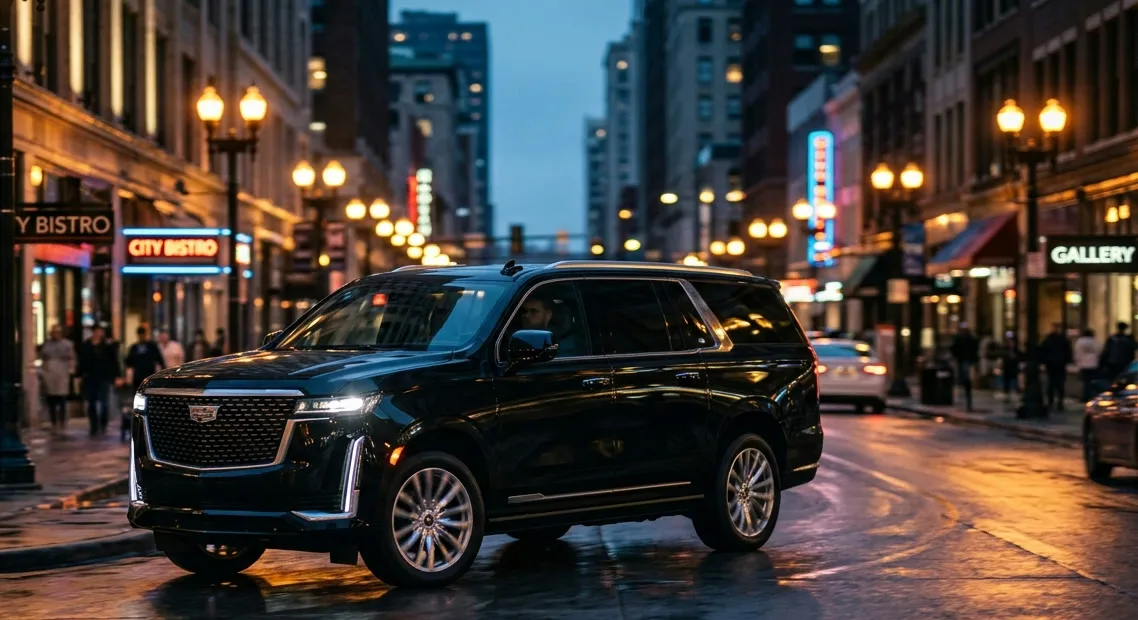 Black Cadillac Escalade waiting at the curb on a rain-slicked downtown street at dusk