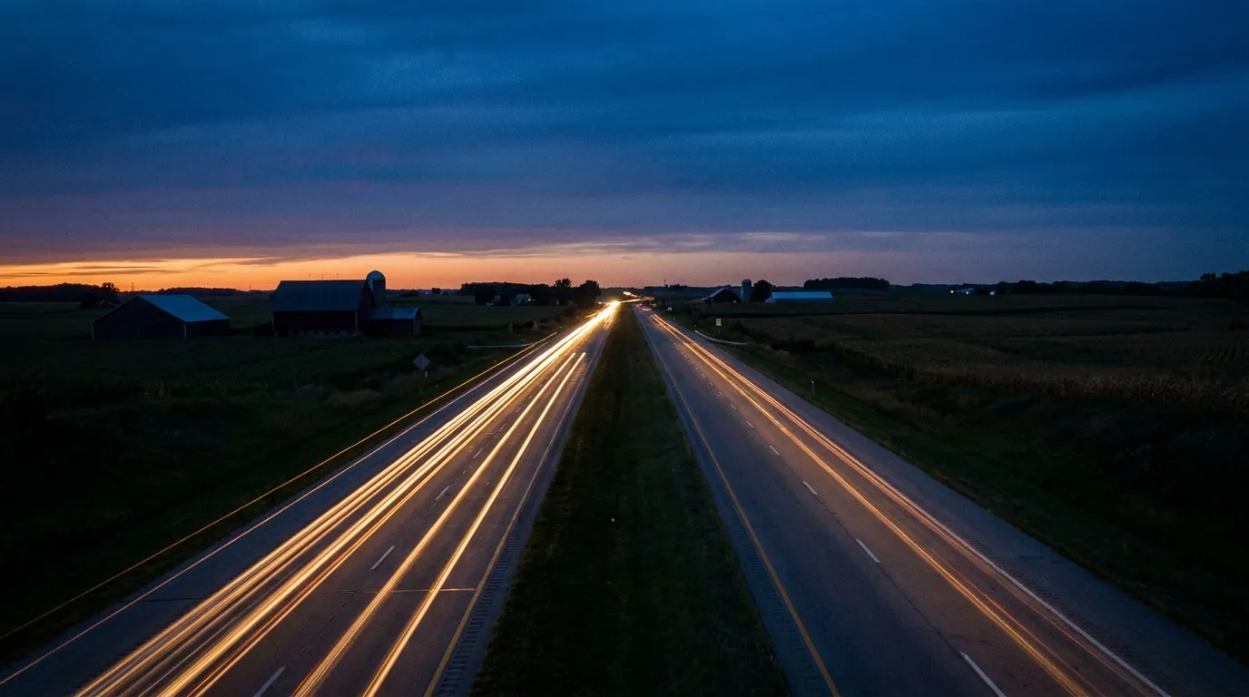 Interstate highway at dusk between Milwaukee and Chicago