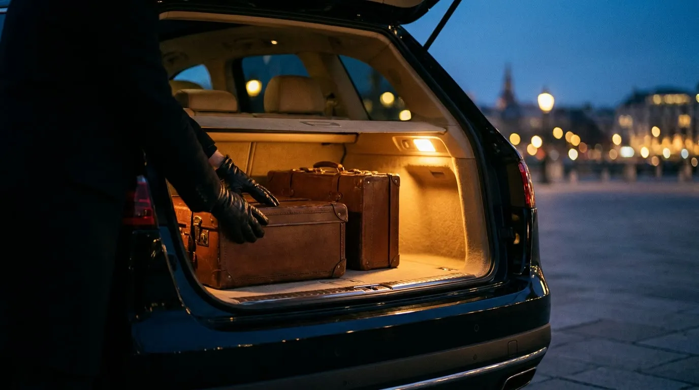 Luggage being loaded into the lit rear of a black luxury SUV