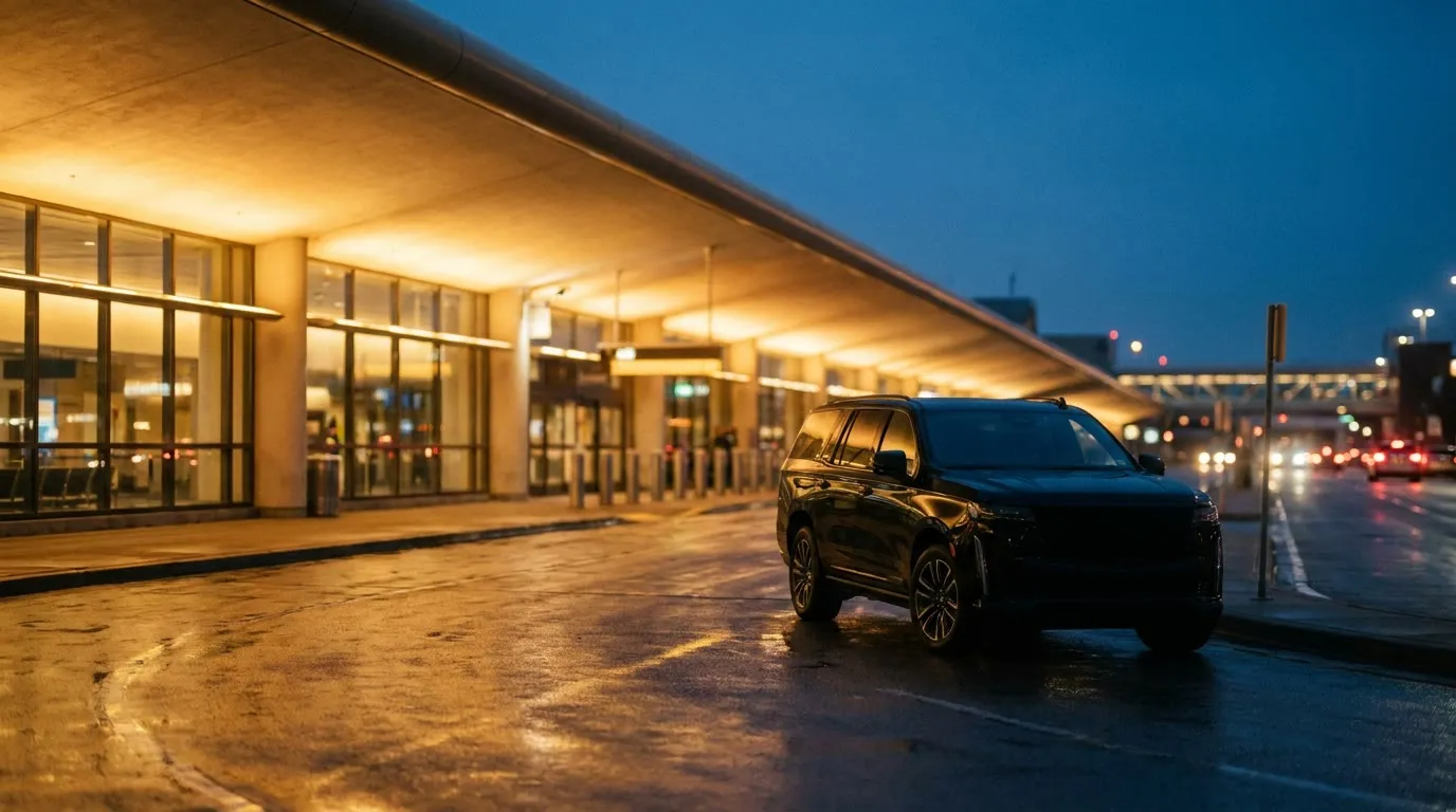 Airport departures canopy at night with a black SUV at the kerb
